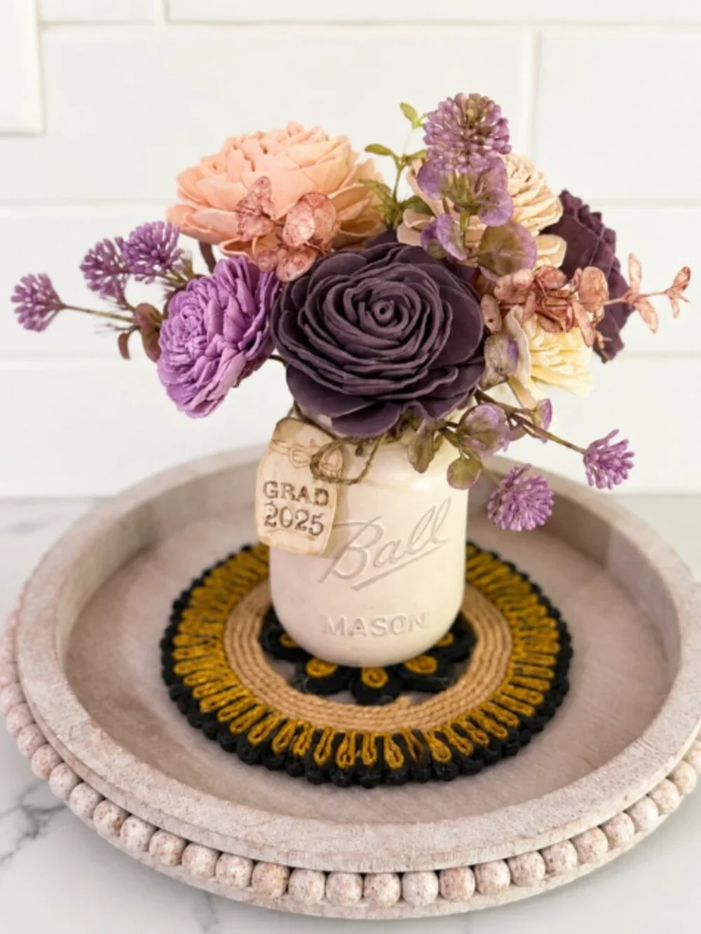 Pink Purple Sola Wood Floral Arrangement in Mason Jar Home Decor Graduation Gift
